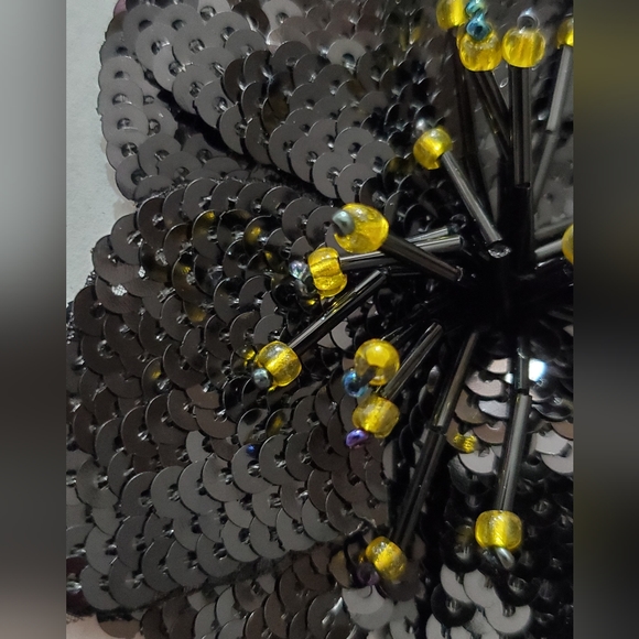 3D hibiscus beaded applique flower sew on iron on patch sequins tropical black - Picture 8 of 11